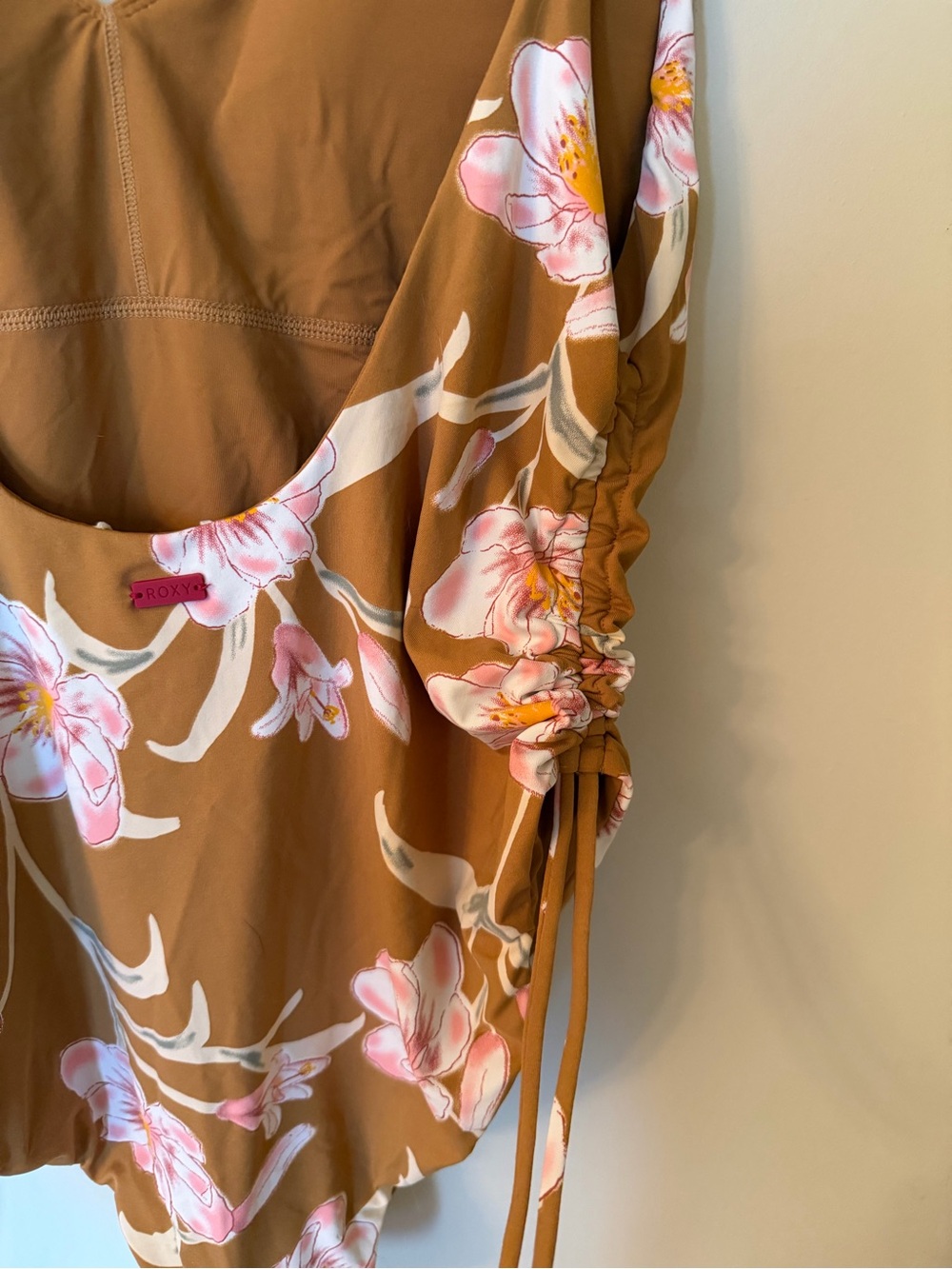 Roxy One-Piece Swimsuit in Mustard with Pink Floral Print - Picture 3 of 5
